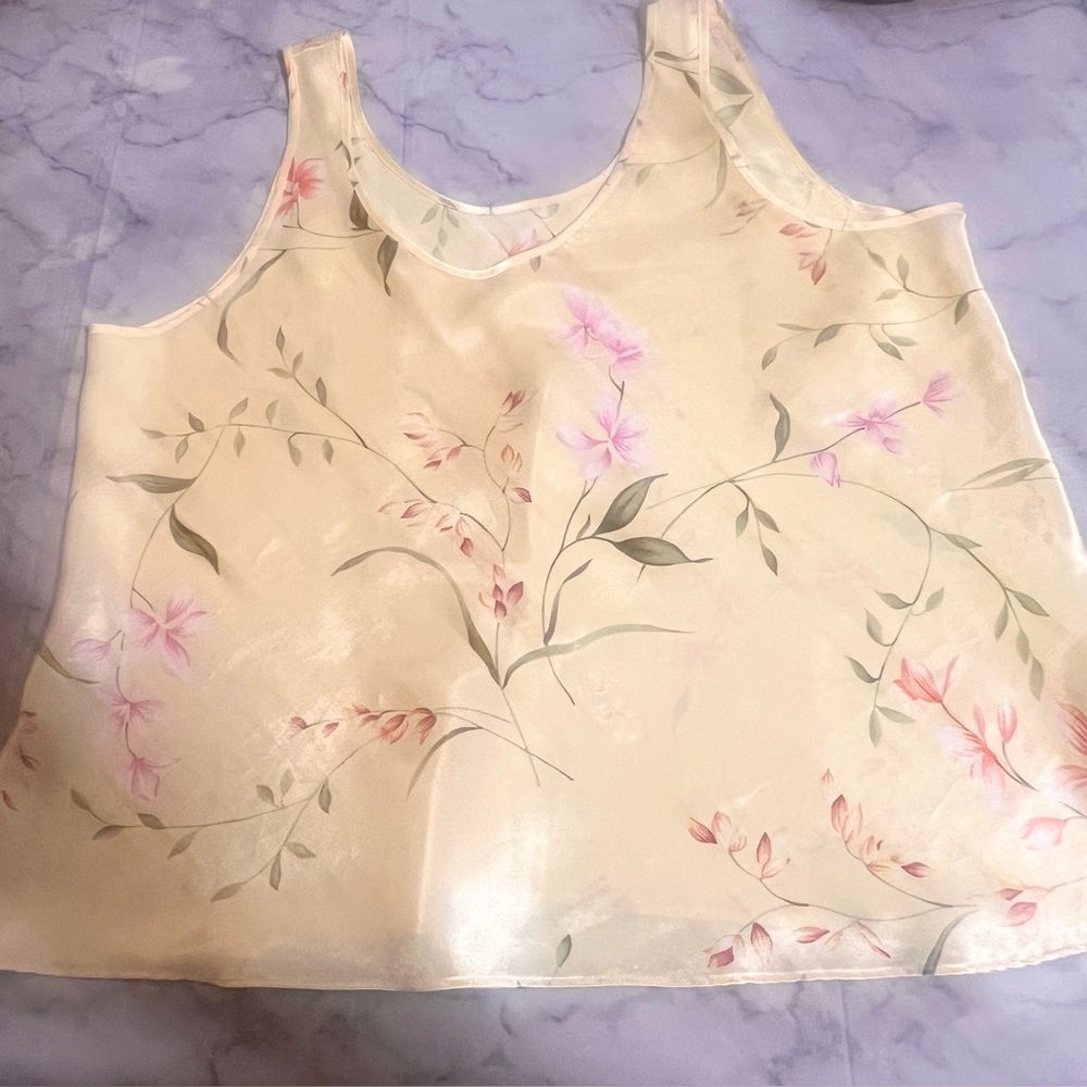 Y2K XL Oscar De La Renta Pink Label Floral Satin Feel Scoop Camisole Side Slits - Picture 13 of 14